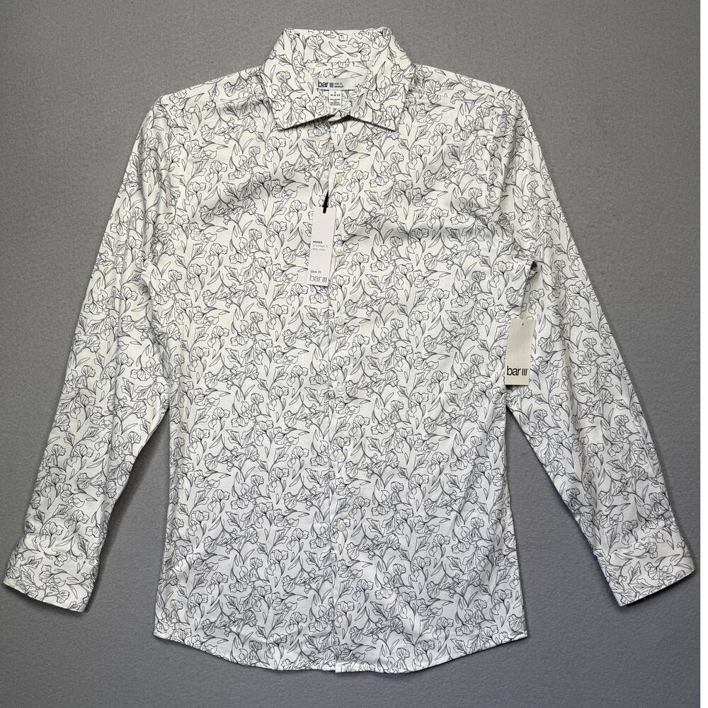 Bar III Men's Slim-Fit Abstract Floral Dress Shirt White/navy Small $70